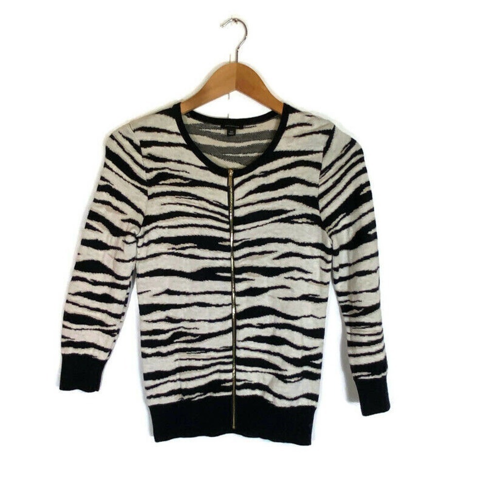 Ann Taylor Cardigan Sweater Sz XS Full Zip 3/4 Sleeve Zebra Black White